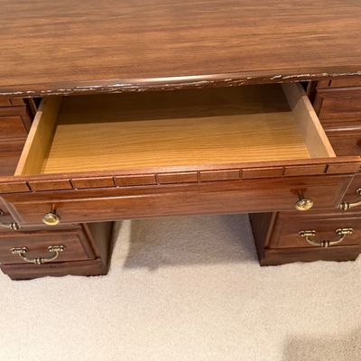 VINTAGE OFFICE DESK WITH 5 DRAWERS, CHAIR AND LAMP