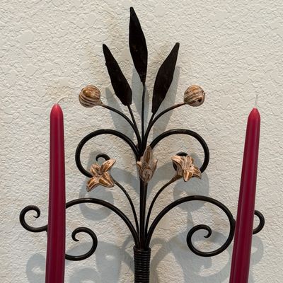 ELIZABETH TAFT FRAMED FLORAL PICTURE AND 2 METAL DOUBLE-ARM WALL SCONCES WITH FLORAL ACCENTS AND SCROLLWORK