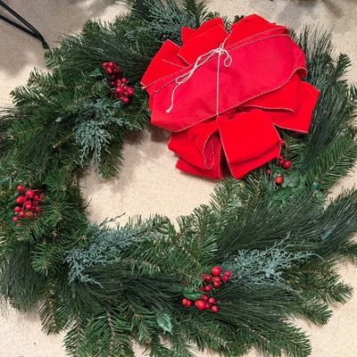 CHRISTMAS TREE WITH LIGHTS, 2 SMALLER TREES AND A WREATH
