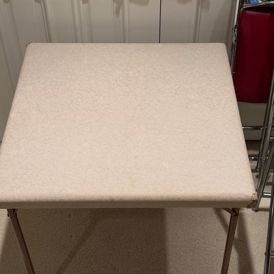VINTAGE SAMSON FOLDING TABLE AND 4 ROYALCHROME FOLDING CHAIRS