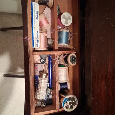 STAND ALONE SEWING BASKET WITH 2 HINGED LIDS AND FULL OF NOTIONS