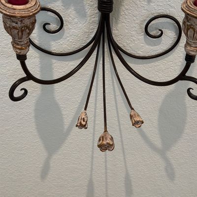 ELIZABETH TAFT FRAMED FLORAL PICTURE AND 2 METAL DOUBLE-ARM WALL SCONCES WITH FLORAL ACCENTS AND SCROLLWORK