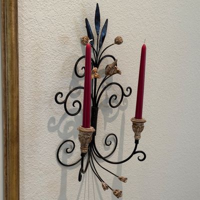 ELIZABETH TAFT FRAMED FLORAL PICTURE AND 2 METAL DOUBLE-ARM WALL SCONCES WITH FLORAL ACCENTS AND SCROLLWORK