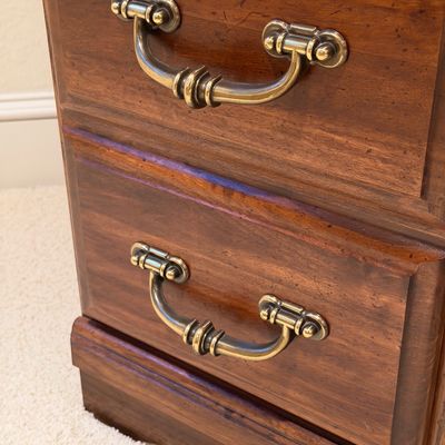 VINTAGE OFFICE DESK WITH 5 DRAWERS, CHAIR AND LAMP