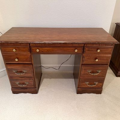 VINTAGE OFFICE DESK WITH 5 DRAWERS, CHAIR AND LAMP