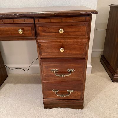 VINTAGE OFFICE DESK WITH 5 DRAWERS, CHAIR AND LAMP