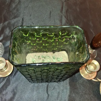 2 HEAVY BRASS CANDLESTICKS AND 3 VASES