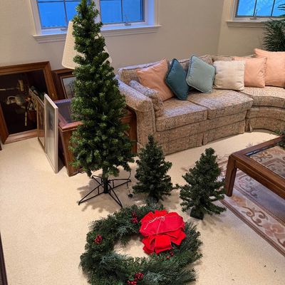 CHRISTMAS TREE WITH LIGHTS, 2 SMALLER TREES AND A WREATH