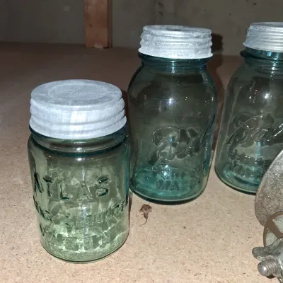 AQUA BLUE CANNING JARS WITH ZINC LIDS PLUS A FOOD CHOPPER