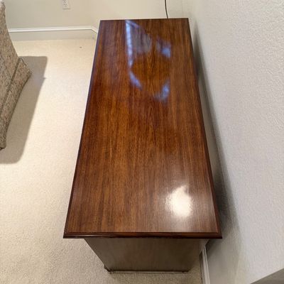 VINTAGE OFFICE DESK WITH 5 DRAWERS, CHAIR AND LAMP