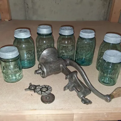 AQUA BLUE CANNING JARS WITH ZINC LIDS PLUS A FOOD CHOPPER