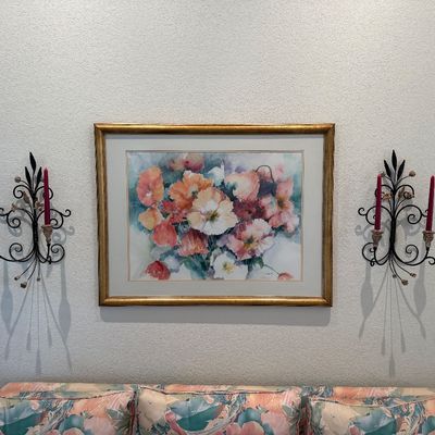 ELIZABETH TAFT FRAMED FLORAL PICTURE AND 2 METAL DOUBLE-ARM WALL SCONCES WITH FLORAL ACCENTS AND SCROLLWORK