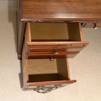 VINTAGE OFFICE DESK WITH 5 DRAWERS, CHAIR AND LAMP