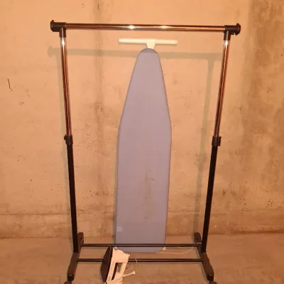 ADJUSTABLE GARMENT RACK ON WHEELS, ROWENTA IRON AND IRONING BOARD