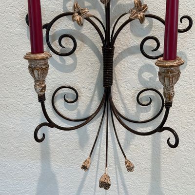 ELIZABETH TAFT FRAMED FLORAL PICTURE AND 2 METAL DOUBLE-ARM WALL SCONCES WITH FLORAL ACCENTS AND SCROLLWORK