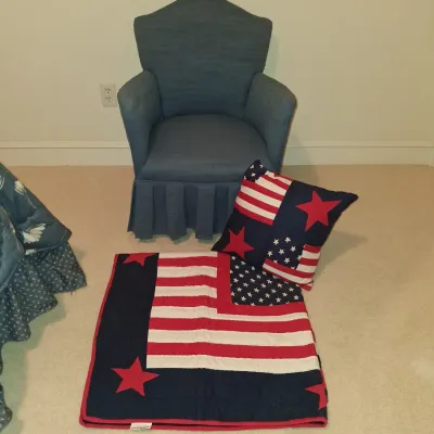 UPHOLSTERED SIDE CHAIR AND A LILLIAN VERNON QUILTED THROW AND PILLOW