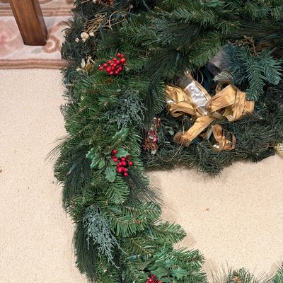 VERY LARGE WREATH, LIGHTED WREATH AND FIBER OPTIC CHRISTMAS TREE