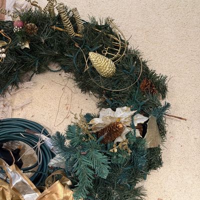 VERY LARGE WREATH, LIGHTED WREATH AND FIBER OPTIC CHRISTMAS TREE