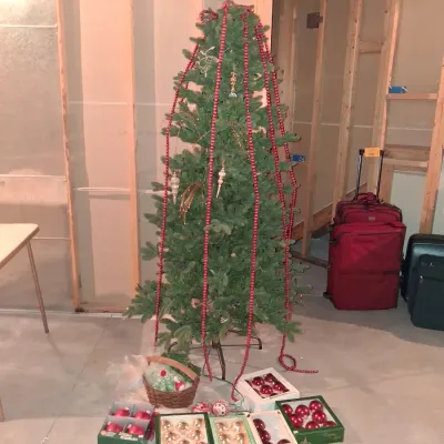 6 FOOT LIT TREE AND TREE ORNAMENTS