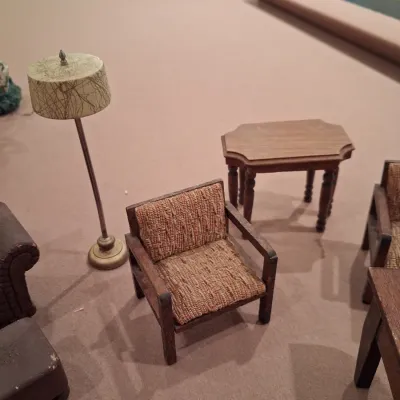 QUALITY WOODEN DOLL HOUSE FURNITURE WITH VINTAGE DOLLS