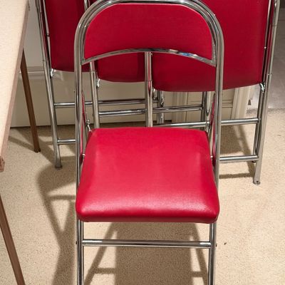 VINTAGE SAMSON FOLDING TABLE AND 4 ROYALCHROME FOLDING CHAIRS