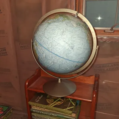 CHILD SIZE COAT RACK AND BOOKCASE, GLOBE AND DRY ERASE BOARD