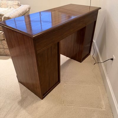 VINTAGE OFFICE DESK WITH 5 DRAWERS, CHAIR AND LAMP
