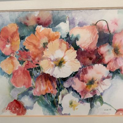 ELIZABETH TAFT FRAMED FLORAL PICTURE AND 2 METAL DOUBLE-ARM WALL SCONCES WITH FLORAL ACCENTS AND SCROLLWORK