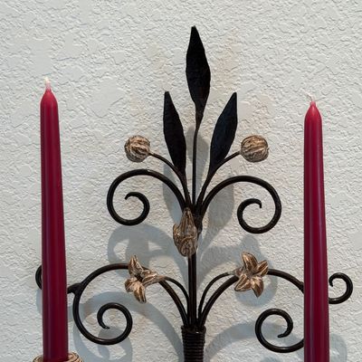 ELIZABETH TAFT FRAMED FLORAL PICTURE AND 2 METAL DOUBLE-ARM WALL SCONCES WITH FLORAL ACCENTS AND SCROLLWORK