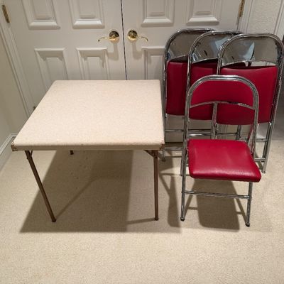 VINTAGE SAMSON FOLDING TABLE AND 4 ROYALCHROME FOLDING CHAIRS