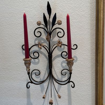 ELIZABETH TAFT FRAMED FLORAL PICTURE AND 2 METAL DOUBLE-ARM WALL SCONCES WITH FLORAL ACCENTS AND SCROLLWORK