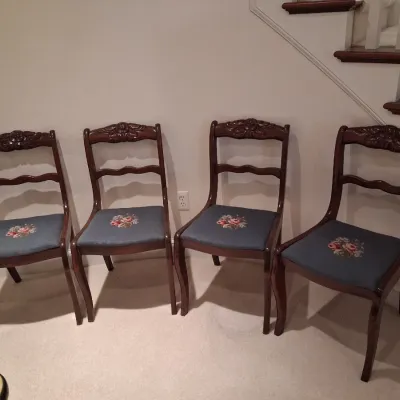 4 VINTAGE CHAIRS WITH CARVED OPEN BACKS AND NEEDLEPOINT SEATS
