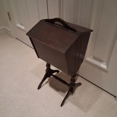 STAND ALONE SEWING BASKET WITH 2 HINGED LIDS AND FULL OF NOTIONS