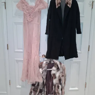 ANTIQUE DRESS AND FUR COLLAR COAT PLUS A RABBIT FUR JACKET