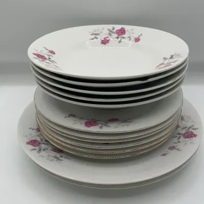 CL117 Tangshan China Pink Roses with Gold Rim Dinner, Salad Plates, and Bowls