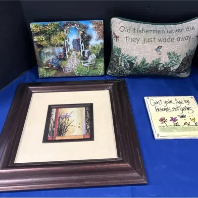 Home Decor - Garden Wall Plaque, Framed Lily Art, Tile, Fisherman Pillow