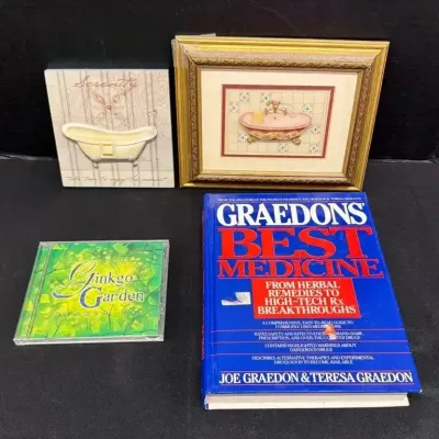 4 Mixed Home Decor & Media - Graedons Best Medicine Book, Framed Wall Art & Ginkgo Garden CD