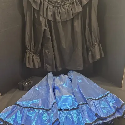 Shimmery Blue Country Western Skirt L & Black Ruffled Top XL - Lace Trim, 3/4 Sleeve