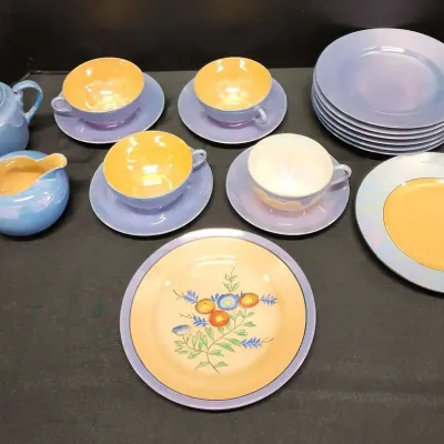 Vtg Tea Lusterware Set & Plates - Blue & Gold Lusterware, Made In Japan, 4 Cup & Saucer, Creamer