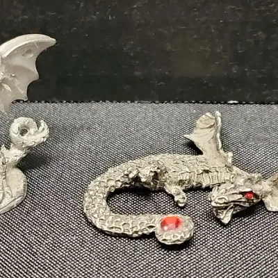 2 Pewter Dragon Figurines - 1 Lying Down Dragon With Red Rhinestone, Standing Dragon W/ Clear Stone 