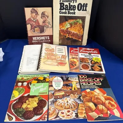 9 Vintage Cookbooks - Hersheys 1934, Pillsburys Bake Off, Campbells, Fleishmann, Ground Meat
