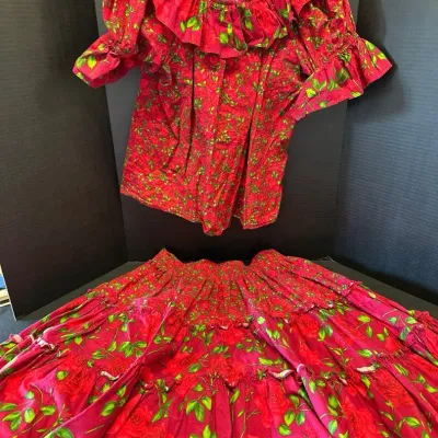 Vintage Western Square Dance Outfit - Pink Red Rose Floral Print Ruffle Blouse & Full Tiered Skirt 