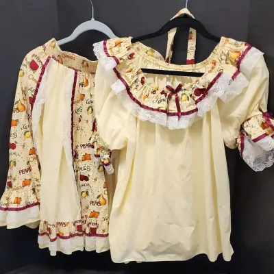 Women's Country Western Dancing Outfit - Bright Yellow Fruit Print, Ruffled Top, Lace Details, L