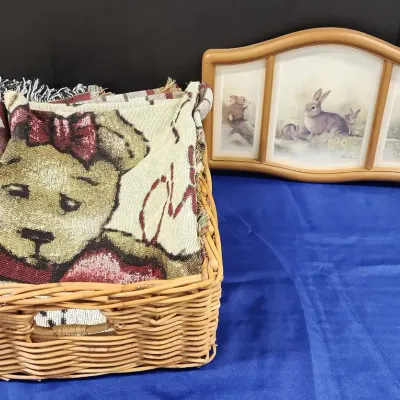 Cottagecore Decor - Framed 3 Print Bunny Picture, Teddy Bear Cotton Throw, Woven Basket