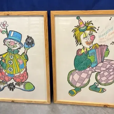 2 Framed Clown Illustrations - Signed Arnold, Wall Art, 23”x29.5”