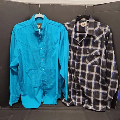 2 Men's Western Button Down Shirts - Teal Steer West Size XL, Black Plaid Ely Cattlemen 3XLT