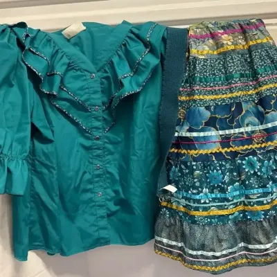 Square Dancing Outfit - Teal Floral Skirt, Teal Green Button Ruffle Shirt, 3/4 Sleeves, Blues