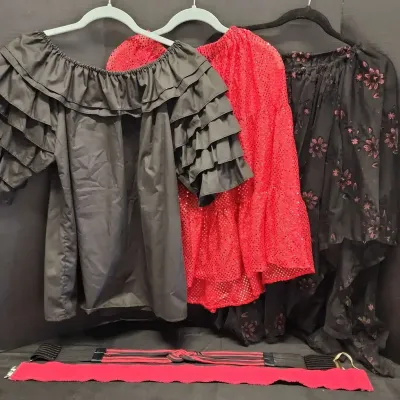 Women's 3 Piece Red & Black Sparkly Western Dancing Outfit - Skirt, Lace Poncho, 2 Belts, Country