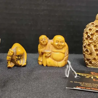 Hand Carved Miniatures - Japanese Signed Double Figure, Chinese Snuff Bottle, Japanese Netsuke Robed