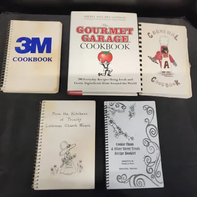 5 Vintage Cookbooks - Gourmet Garage, 3M Cookbook, Lutheran Woman's, Local Orgs
